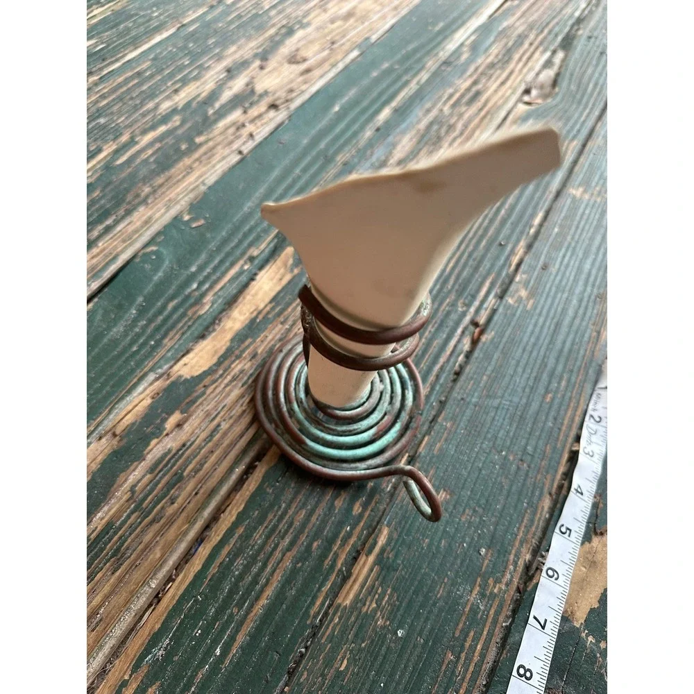 Artisan Ceramic Leaf Bud Vase with Spiral Copper Verdigris Patina Stand A3225